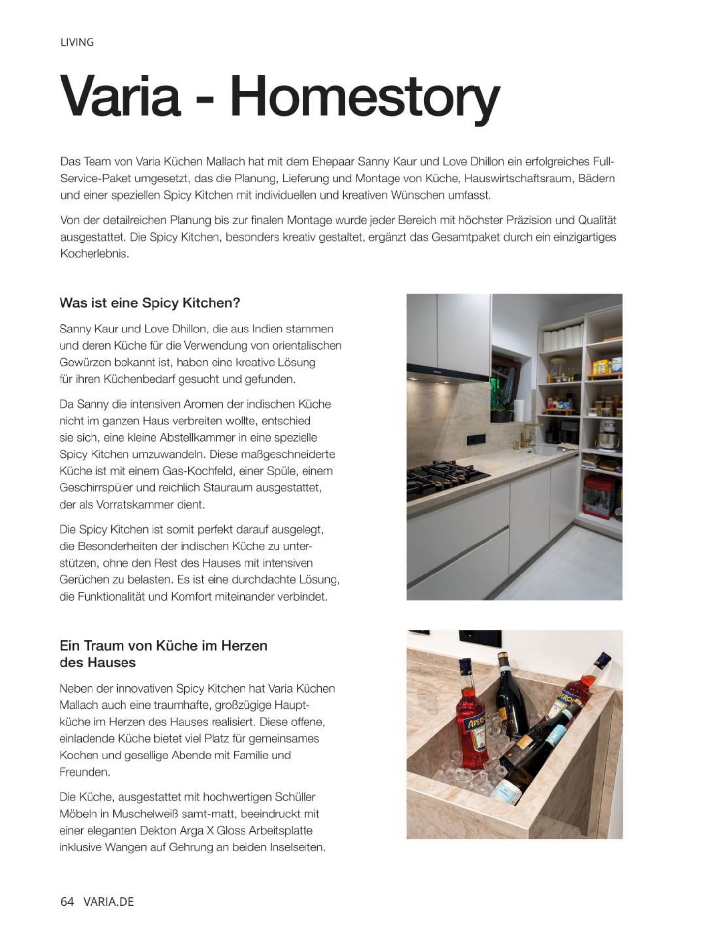 Seite 64 des Küchenmagazins mit der Homestory zur Spicy Kitchen: kleine Küche mit Gas-Kochfeld und Vorratsregal, darunter ein Getränkekühler in der Arbeitsplatte