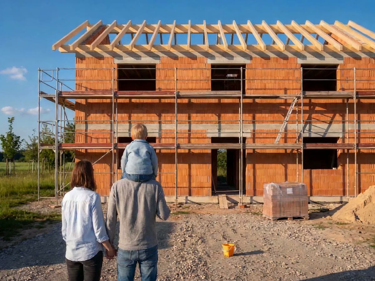 Eine Familie steht vor einem Rohbau mit Gerüst und Dachstuhl unter blauem Himmel, das Kind sitzt auf den Schultern des Vaters, alle von hinten gesehen