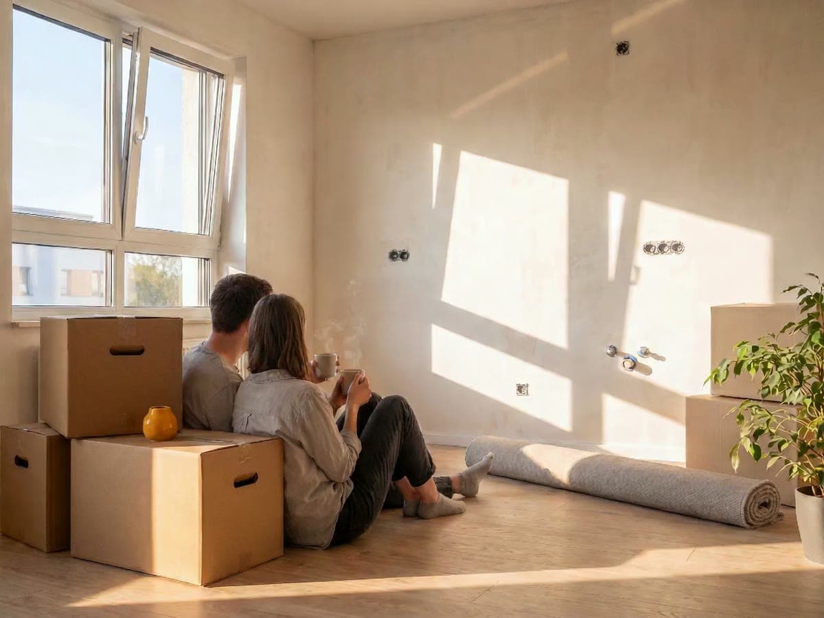 Ein Paar sitzt mit Tassen zwischen Umzugskartons auf dem Boden einer leeren, sonnigen Küche, an der Wand die Anschlüsse, von hinten gesehen
