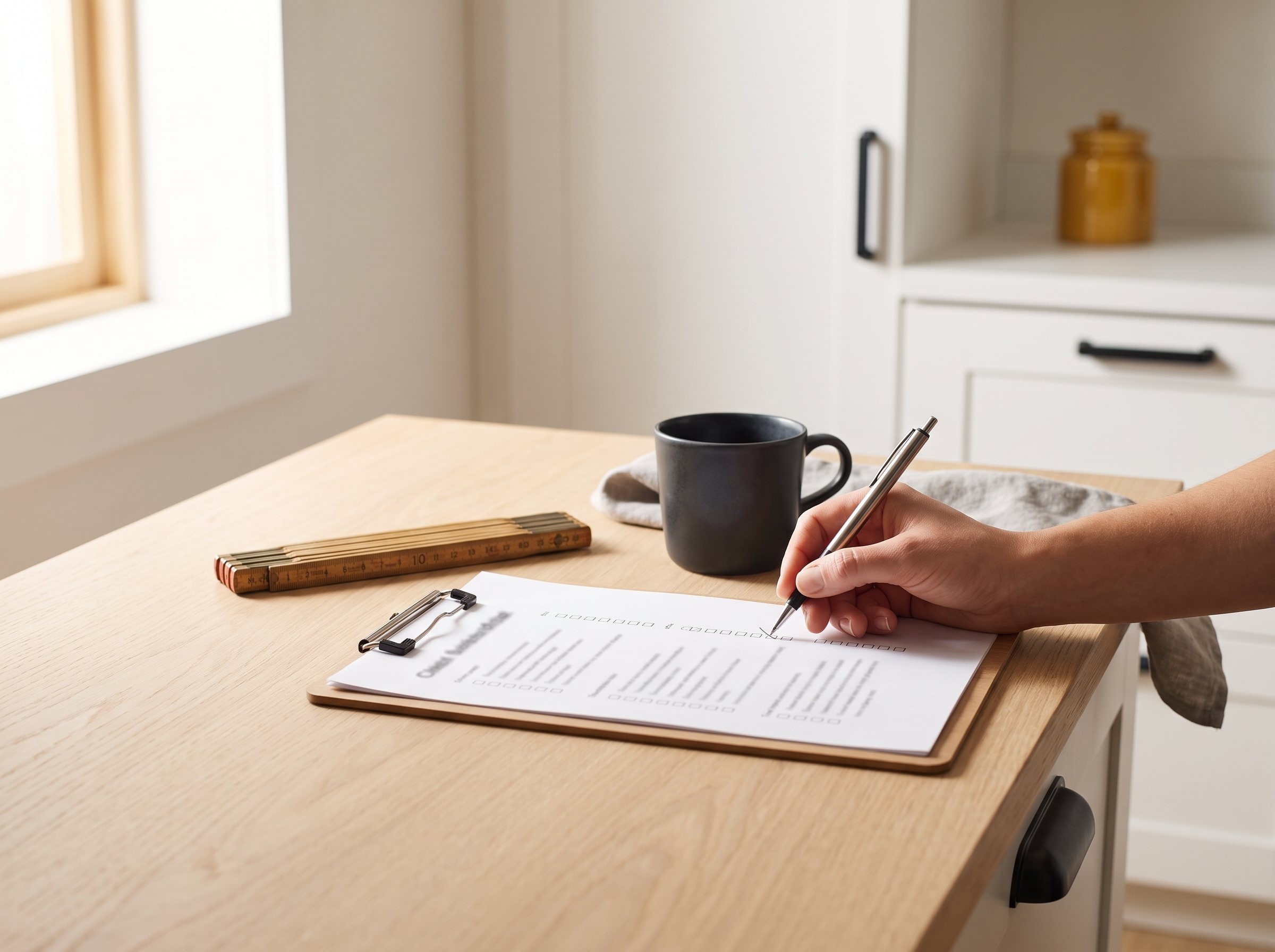 Hand hakt mit dem Stift eine Prüfliste auf einem Klemmbrett ab, daneben Zollstock und Kaffeetasse