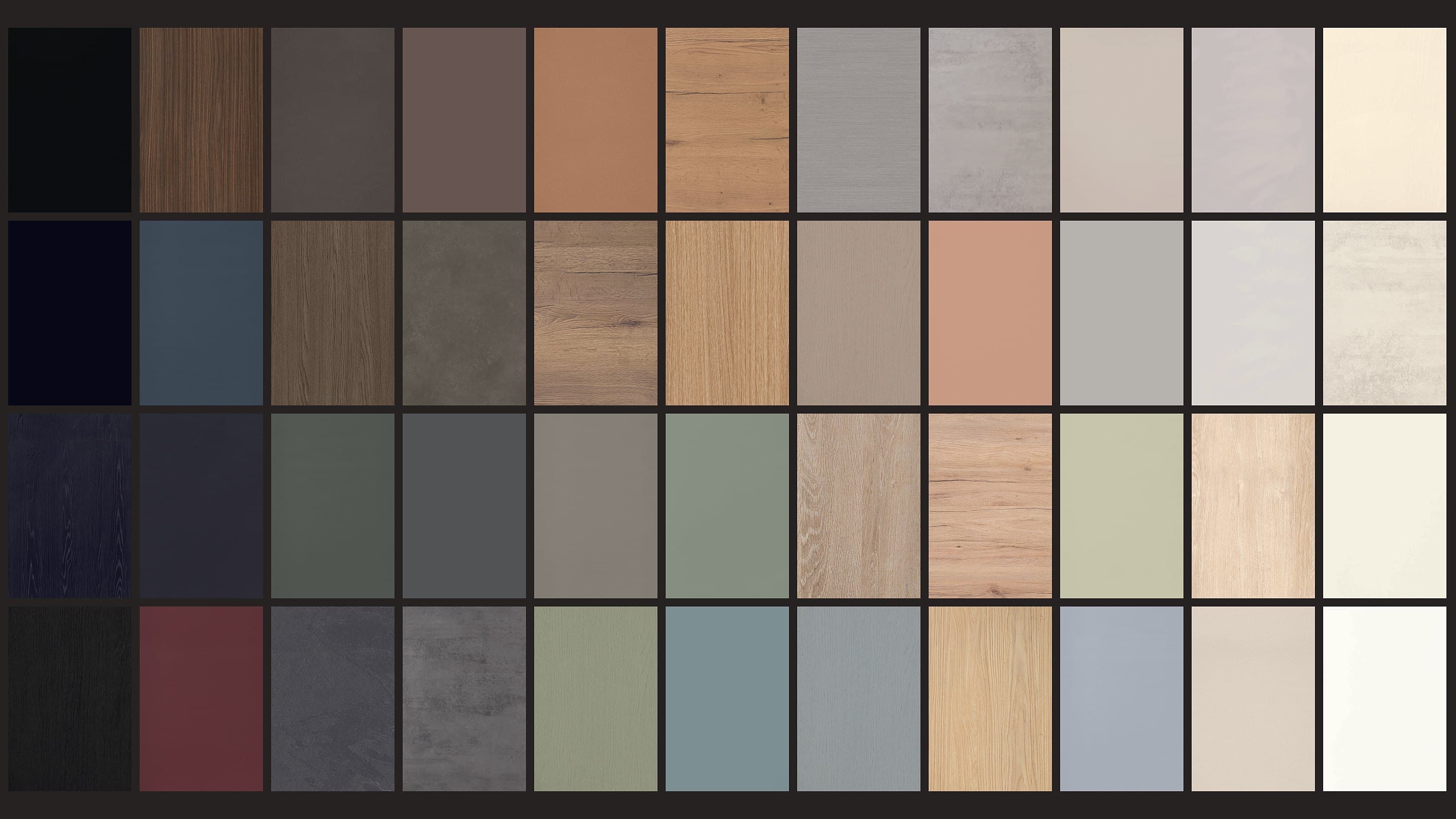 Musterwand mit Purion-Fronten in vielen Farben und Holzdekoren, von dunkel nach hell sortiert