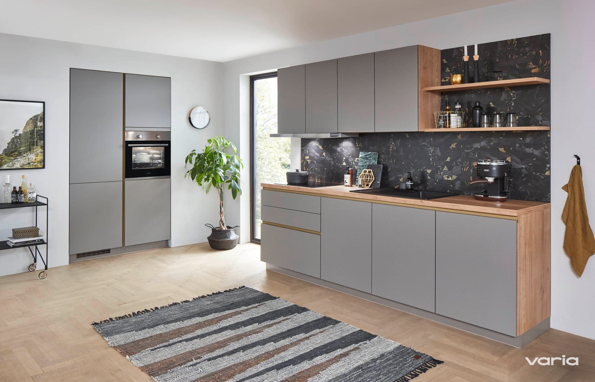 Einbauküche, Grau + warme Holzoptik, Kompakt: 270 × 125 cm. Purion Modell Potsdam