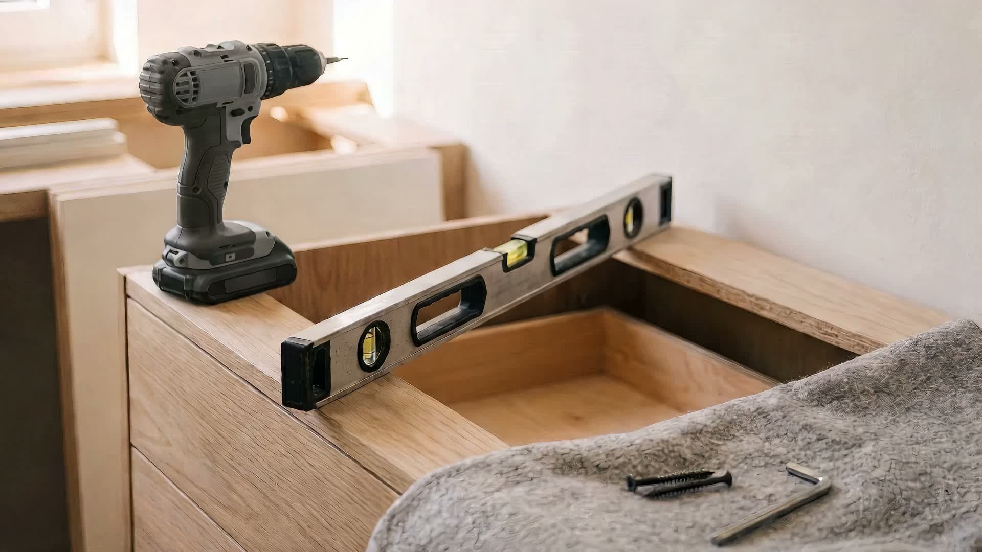 Akkuschrauber und Wasserwaage auf einem Unterschrank ohne Arbeitsplatte, davor eine Schutzdecke mit Schrauben und Inbusschlüssel