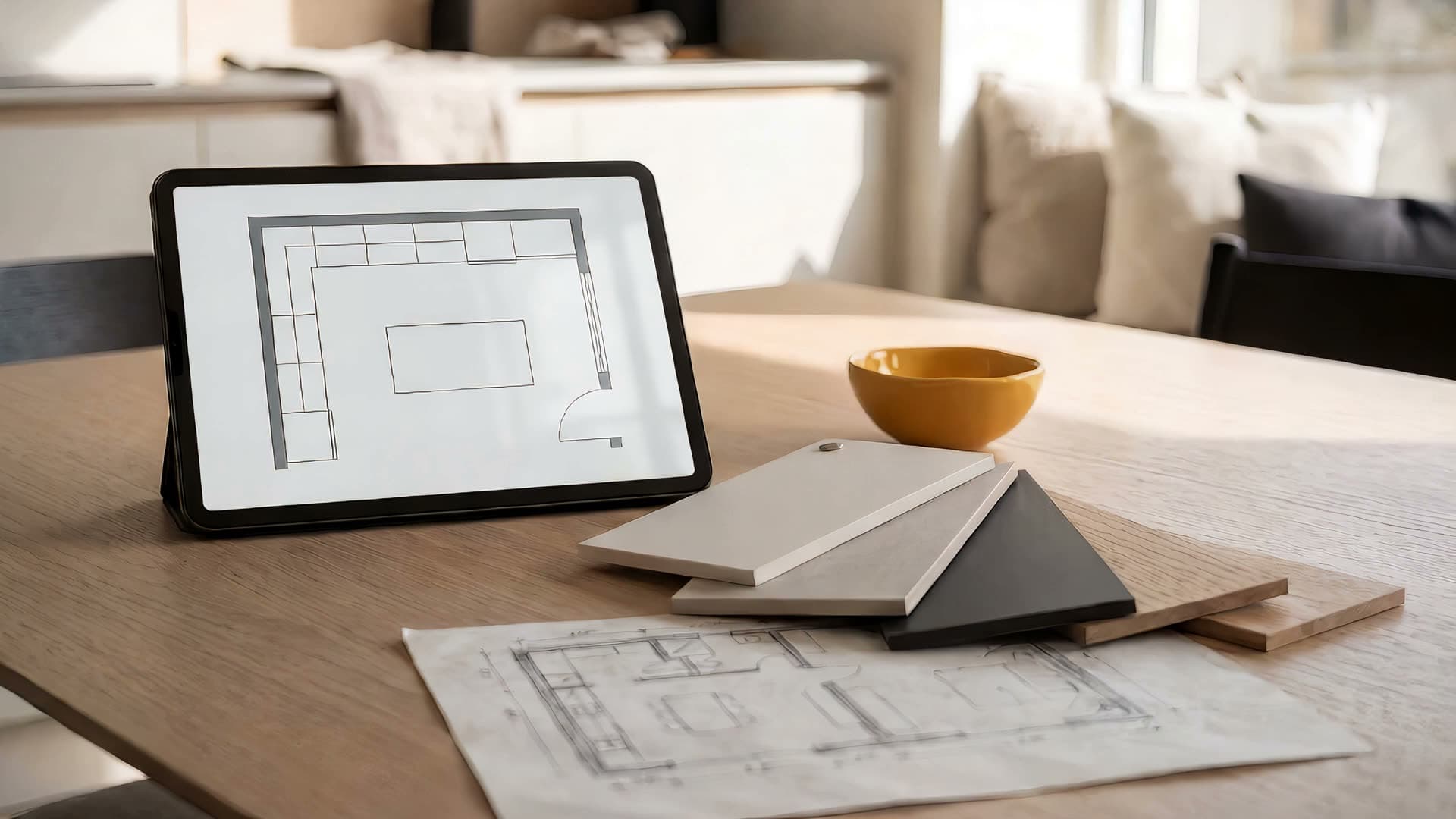 Tablet mit einer Grundriss-Skizze auf dem Beratungstisch, daneben Materialmuster und eine Schale, die Sonne wandert über den Tisch