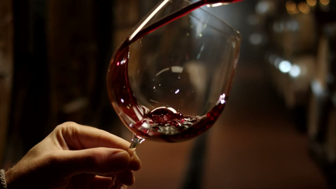 Rotwein fließt in Zeitlupe in ein großes Glas, das eine Hand am Stiel hält